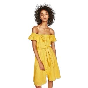 Zara Off Shoulder Knee Length Yellow Linen Dress Date Night Romantic